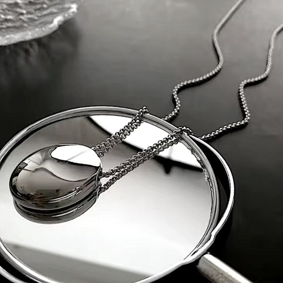 Silver Minimalist Long Oval Sweater Necklace  Stainless Steel Pendant Waterproof - Picture 8 of 9